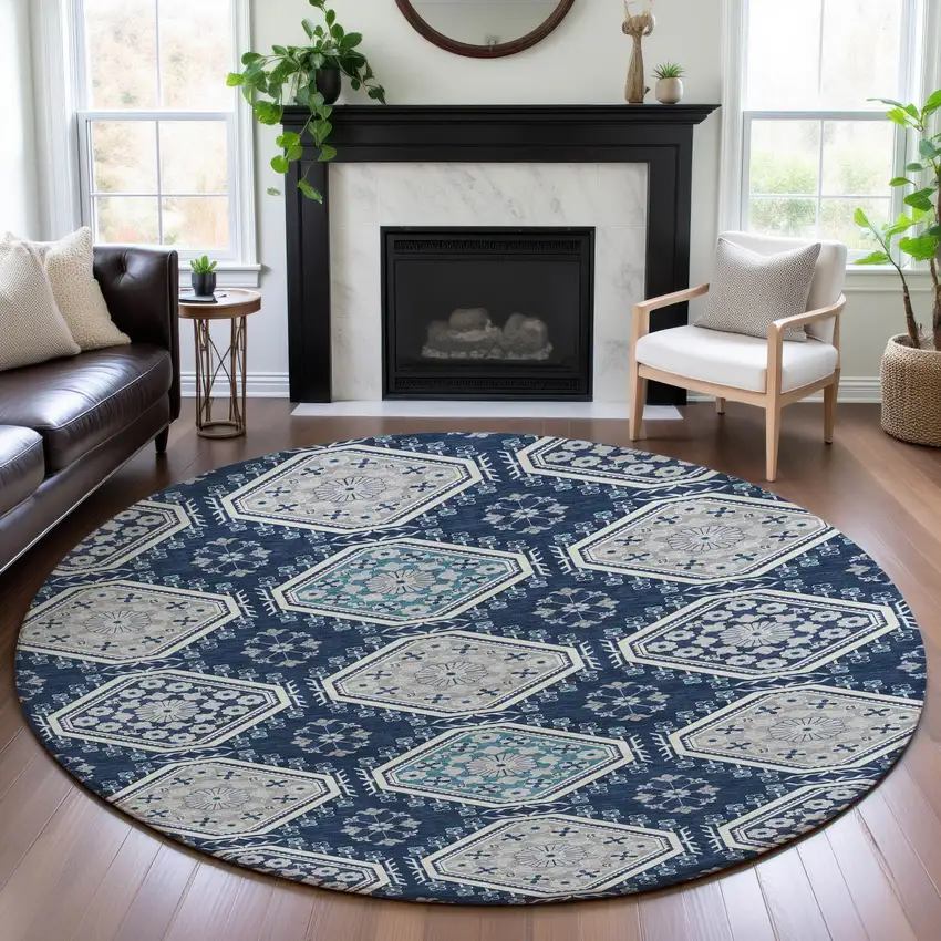 8' X 8' Navy Blue And Ivory Floral Washable Round Rug With UV Protection Photo 4