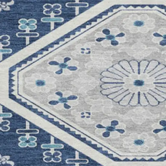 8' X 8' Navy Blue And Ivory Floral Washable Round Rug With UV Protection Photo 3