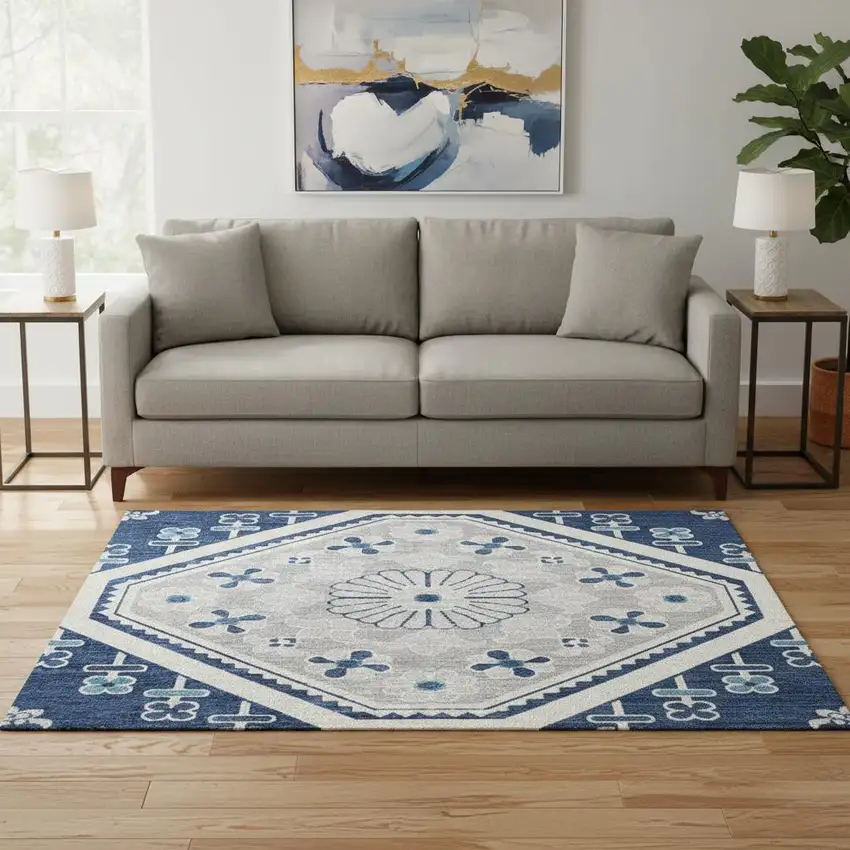 8' X 8' Navy Blue And Ivory Floral Washable Round Rug With UV Protection Photo 2