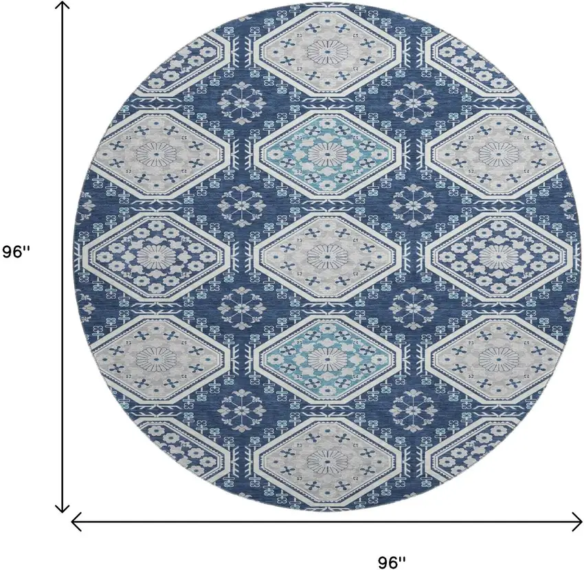 8' X 8' Navy Blue And Ivory Floral Washable Round Rug With UV Protection Photo 9
