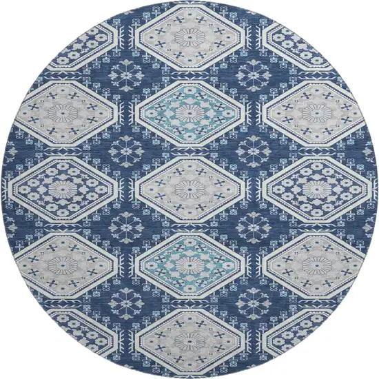 8' X 8' Navy Blue And Ivory Floral Washable Round Rug With UV Protection Photo 1