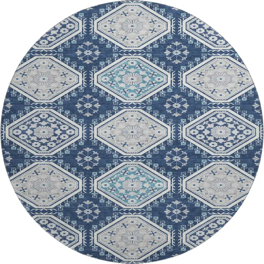 8' X 8' Navy Blue And Ivory Floral Washable Round Rug With UV Protection Photo 1