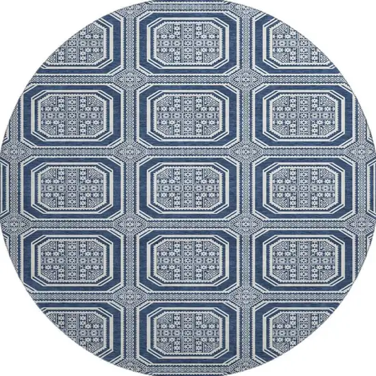 8' X 8' Navy Blue And Ivory Geometric Washable Round Rug With UV Protection Photo 3