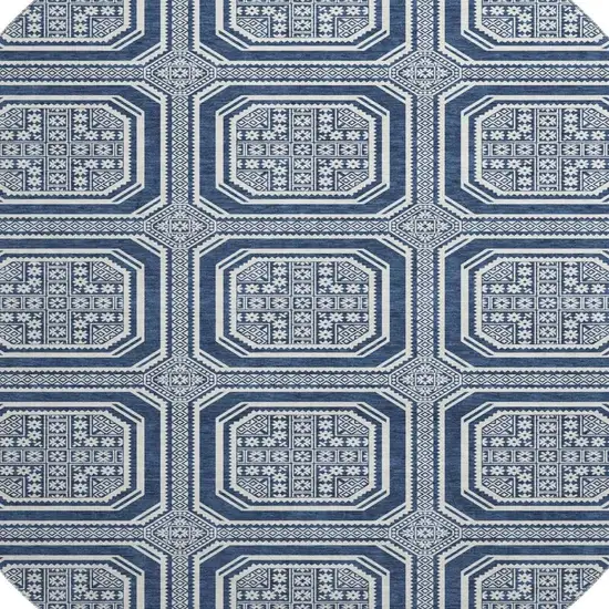 8' X 8' Navy Blue And Ivory Geometric Washable Round Rug With UV Protection Photo 2