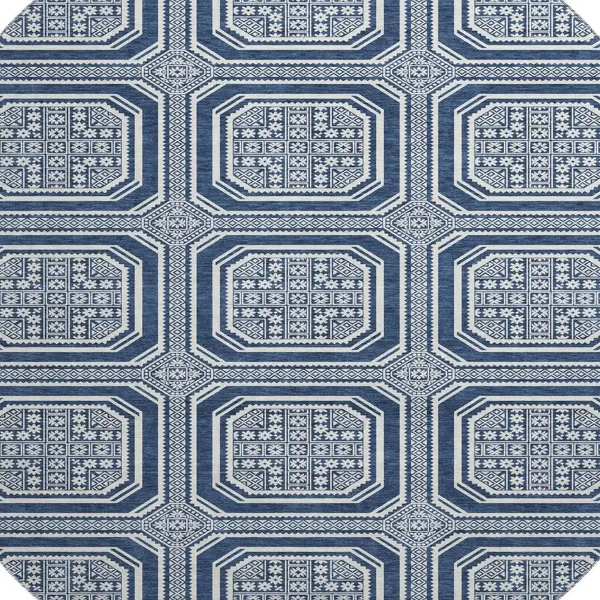 8' X 8' Navy Blue And Ivory Geometric Washable Round Rug With UV Protection Photo 2