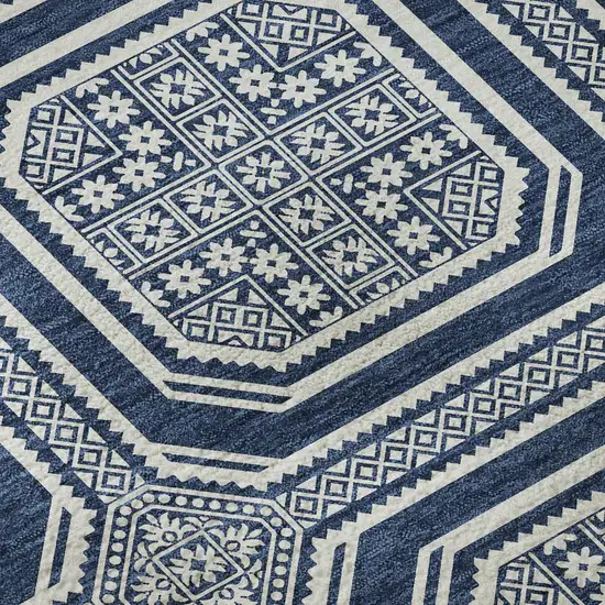 8' X 8' Navy Blue And Ivory Geometric Washable Round Rug With UV Protection Photo 8