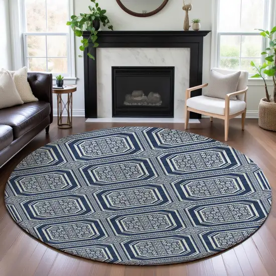8' X 8' Navy Blue And Ivory Geometric Washable Round Rug With UV Protection Photo 4