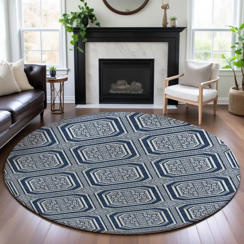 8' X 8' Navy Blue And Ivory Geometric Washable Round Rug With UV Protection Photo 4