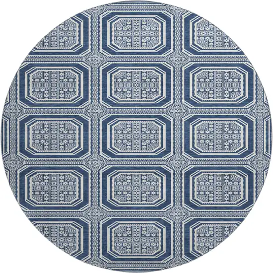 8' X 8' Navy Blue And Ivory Geometric Washable Round Rug With UV Protection Photo 1