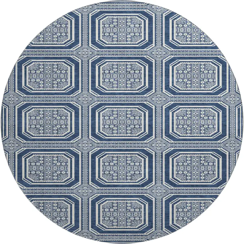 8' X 8' Navy Blue And Ivory Geometric Washable Round Rug With UV Protection Photo 1