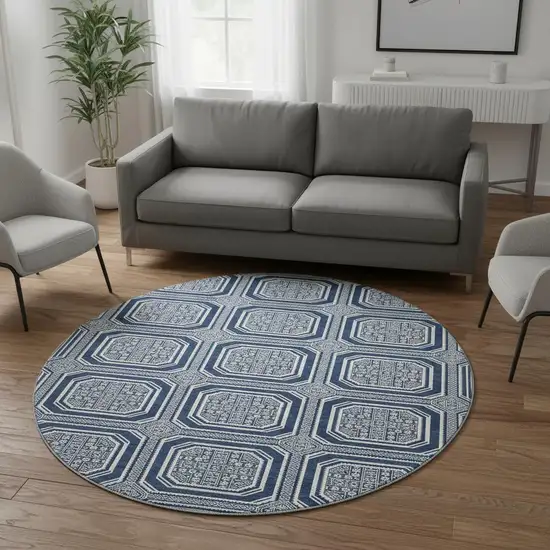 8' X 8' Navy Blue And Ivory Geometric Washable Round Rug With UV Protection Photo 2
