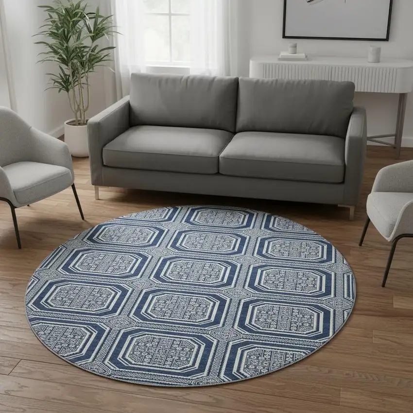 8' X 8' Navy Blue And Ivory Geometric Washable Round Rug With UV Protection Photo 2