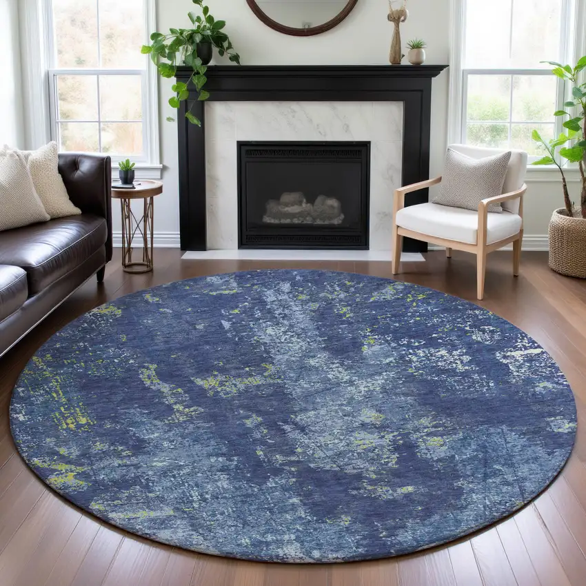 8' X 8' Navy Blue And Lime Green Abstract Washable Round Rug With UV Protection Photo 4