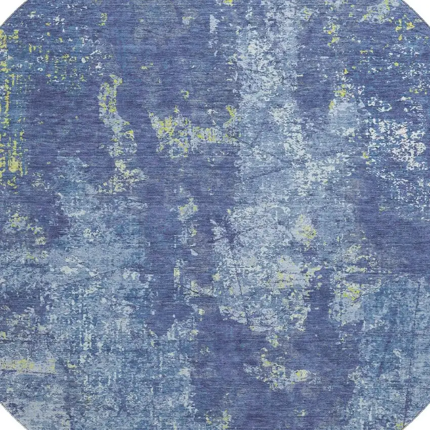 8' X 8' Navy Blue And Lime Green Abstract Washable Round Rug With UV Protection Photo 2