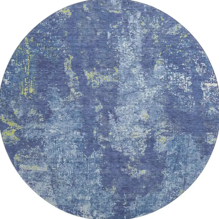 8' X 8' Navy Blue And Lime Green Abstract Washable Round Rug With UV Protection Photo 3