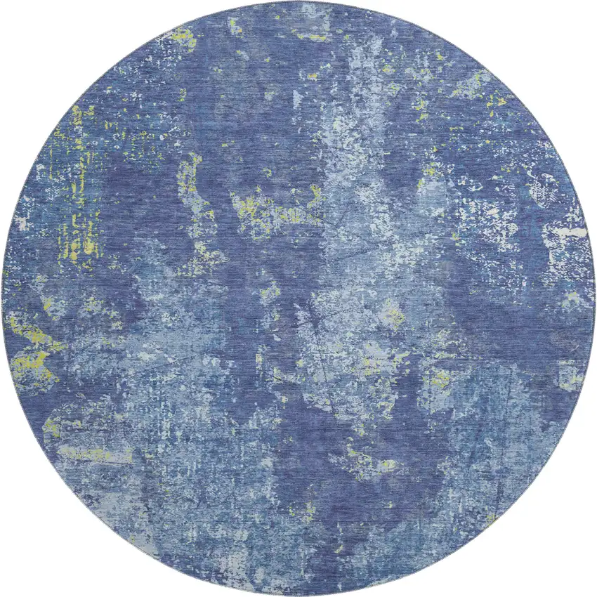8' X 8' Navy Blue And Lime Green Abstract Washable Round Rug With UV Protection Photo 1