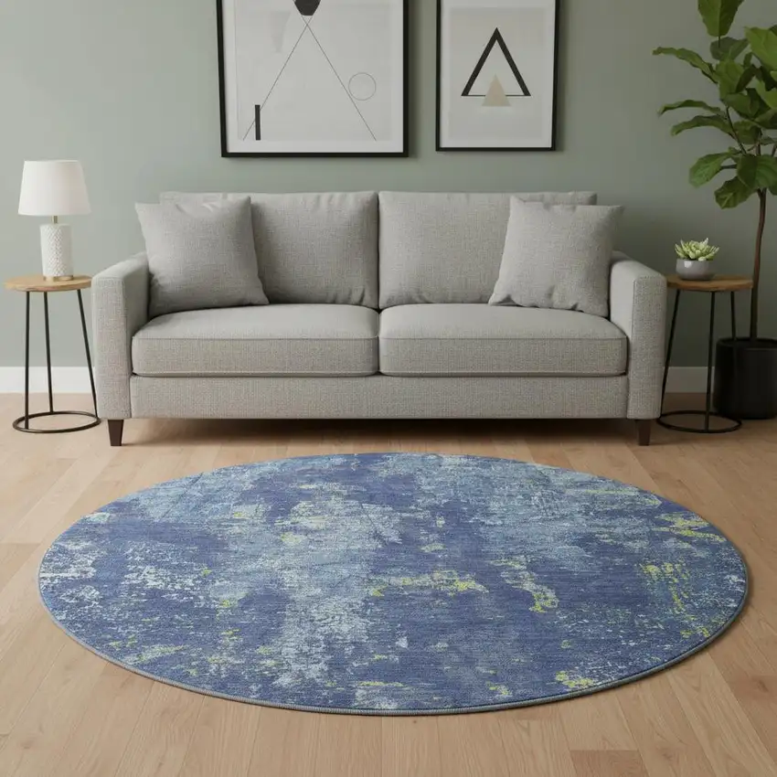 8' X 8' Navy Blue And Lime Green Abstract Washable Round Rug With UV Protection Photo 2