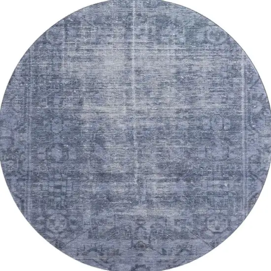 8' X 8' Navy Blue And Silver Oriental Washable Round Rug With UV Protection Photo 3