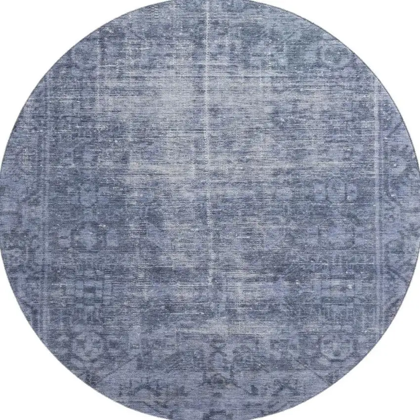 8' X 8' Navy Blue And Silver Oriental Washable Round Rug With UV Protection Photo 3