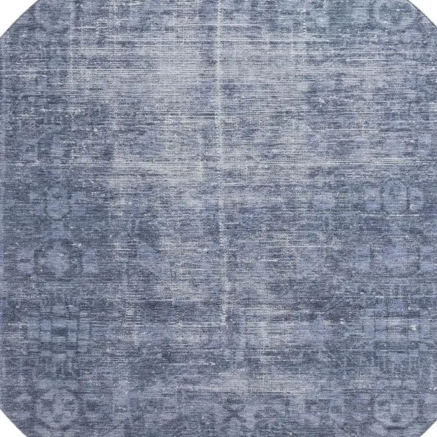 8' X 8' Navy Blue And Silver Oriental Washable Round Rug With UV Protection Photo 2