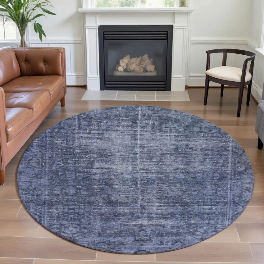 8' X 8' Navy Blue And Silver Oriental Washable Round Rug With UV Protection Photo 4