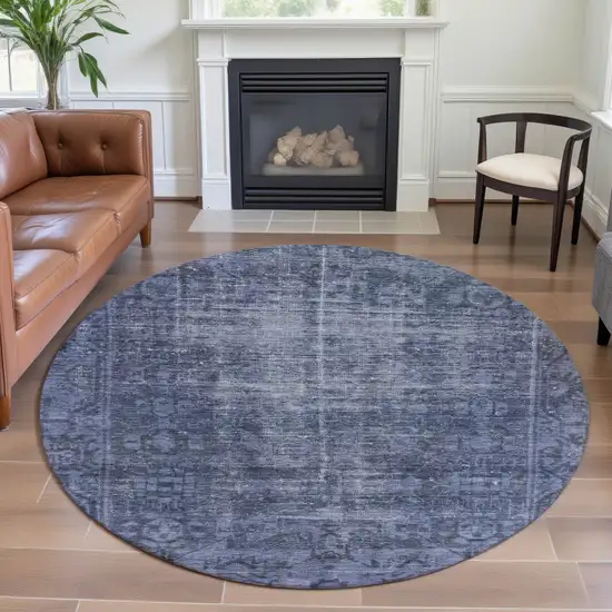 8' X 8' Navy Blue And Silver Oriental Washable Round Rug With UV Protection Photo 4
