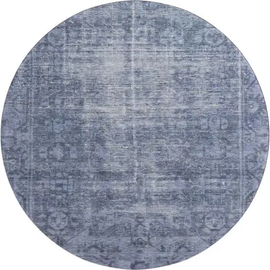 8' X 8' Navy Blue And Silver Oriental Washable Round Rug With UV Protection Photo 1