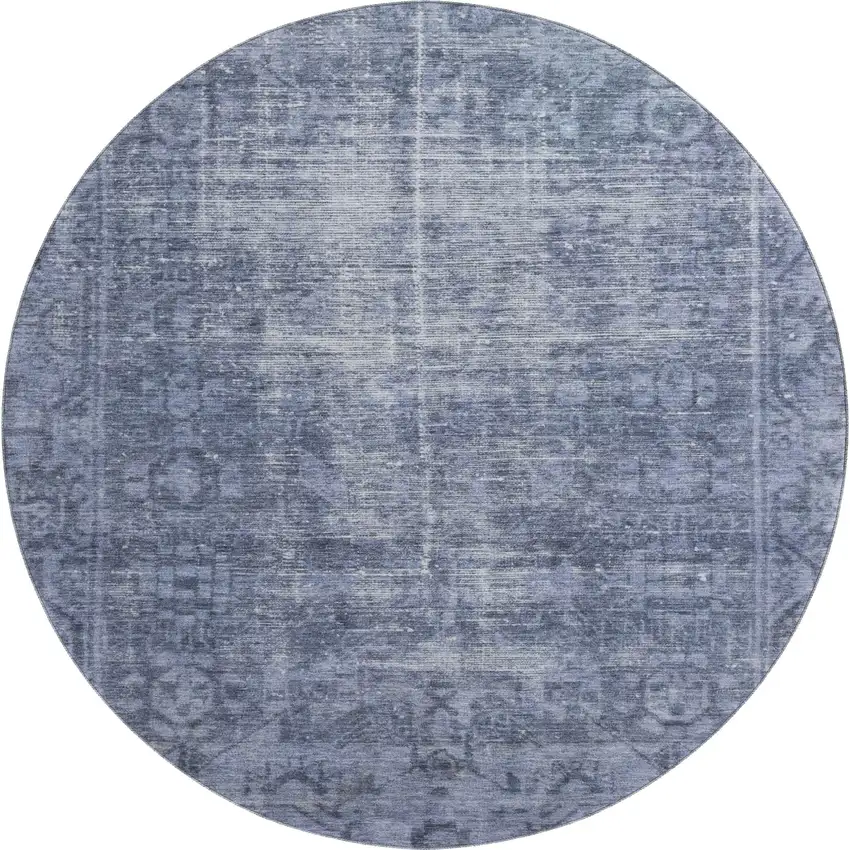 8' X 8' Navy Blue And Silver Oriental Washable Round Rug With UV Protection Photo 1