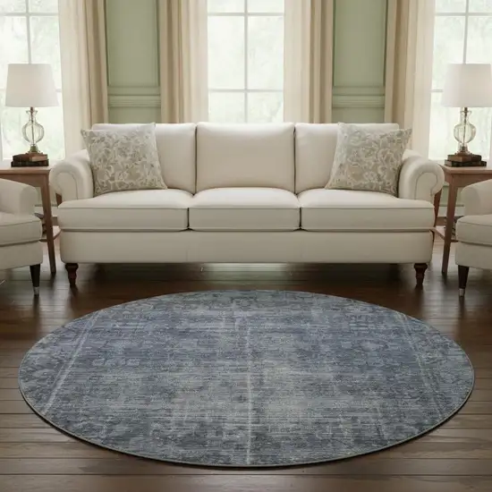 8' X 8' Navy Blue And Silver Oriental Washable Round Rug With UV Protection Photo 2