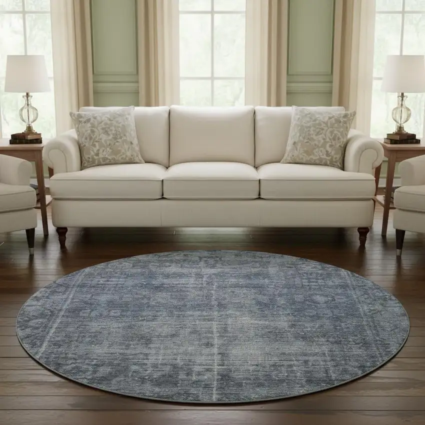 8' X 8' Navy Blue And Silver Oriental Washable Round Rug With UV Protection Photo 2