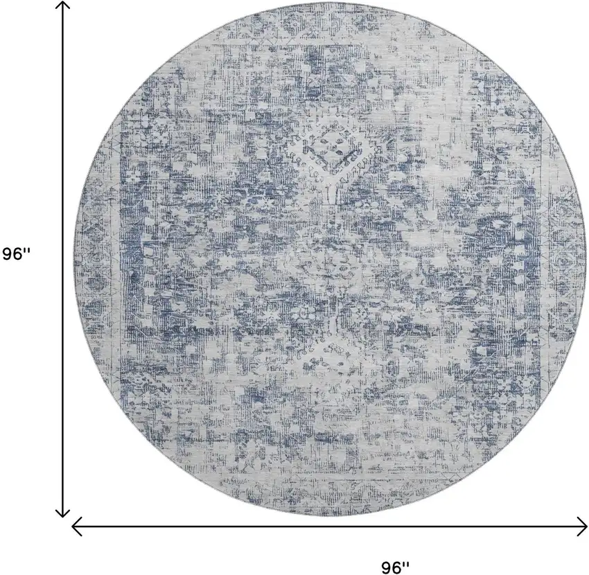 8' X 8' Navy Blue And Silver Oriental Washable Round Rug With UV Protection Photo 9