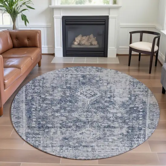 8' X 8' Navy Blue And Silver Oriental Washable Round Rug With UV Protection Photo 4
