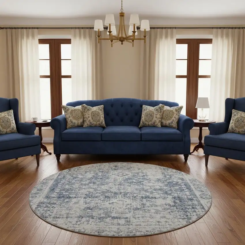 8' X 8' Navy Blue And Silver Oriental Washable Round Rug With UV Protection Photo 2