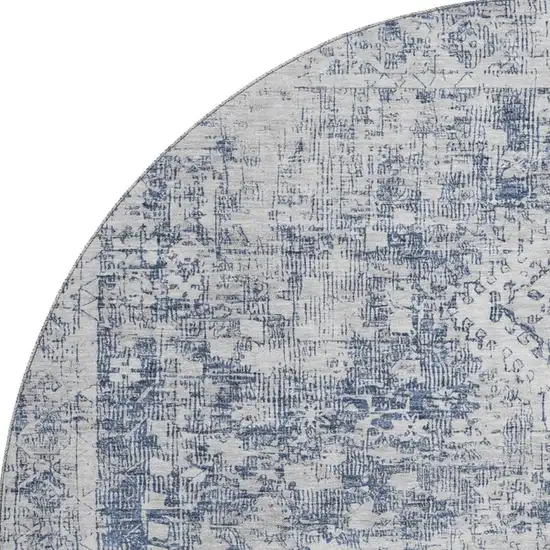 8' X 8' Navy Blue And Silver Oriental Washable Round Rug With UV Protection Photo 3