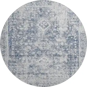 Photo of 8' X 8' Navy Blue And Silver Oriental Washable Round Rug With UV Protection