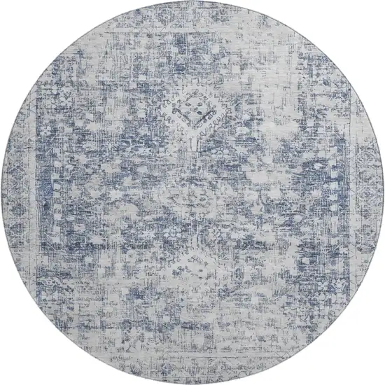 8' X 8' Navy Blue And Silver Oriental Washable Round Rug With UV Protection Photo 1