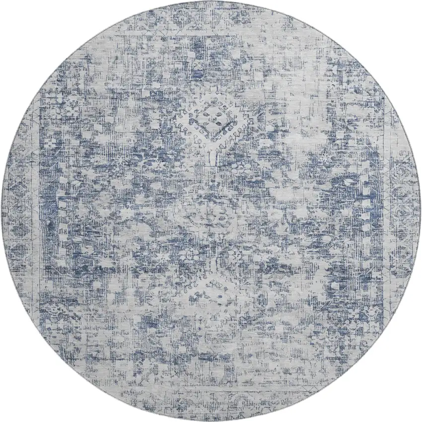 8' X 8' Navy Blue And Silver Oriental Washable Round Rug With UV Protection Photo 1