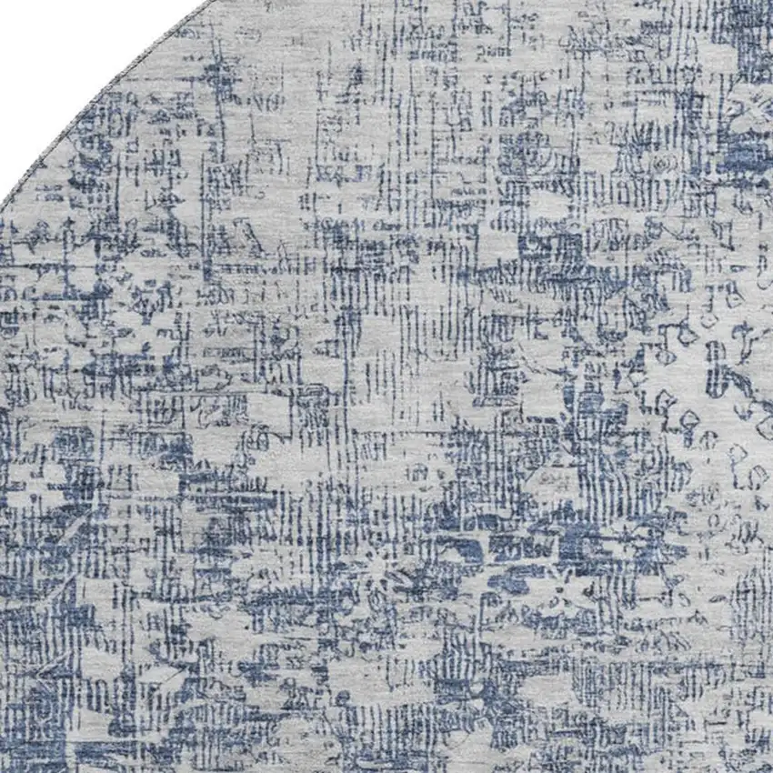 8' X 8' Navy Blue And Silver Oriental Washable Round Rug With UV Protection Photo 2