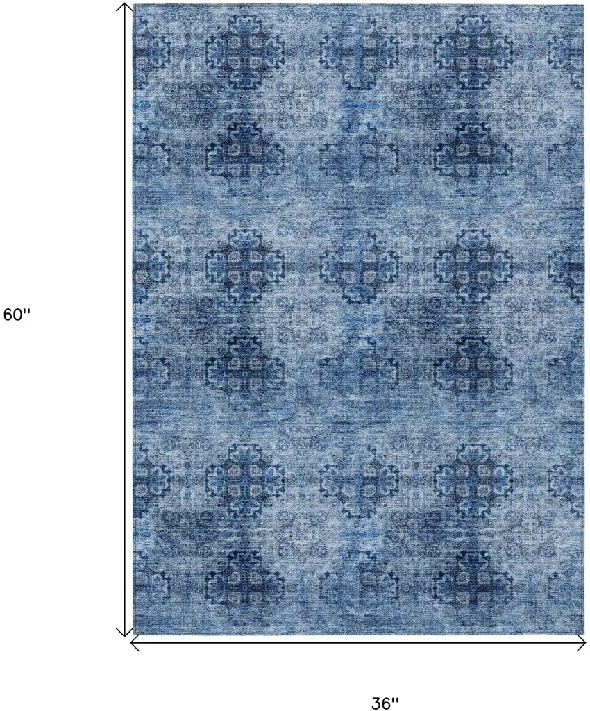 Navy Blue Floral Medallion Washable Non Skid Indoor Outdoor Area Rug Photo 7