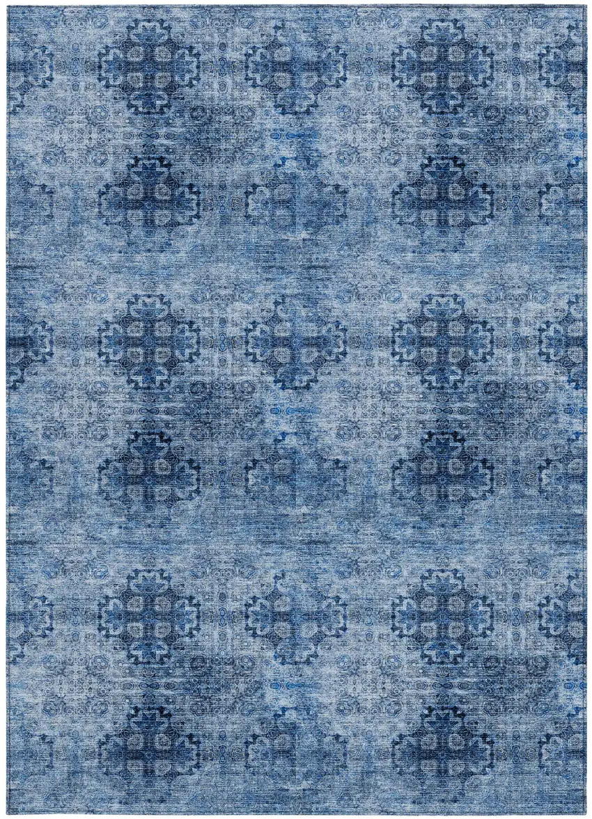 Navy Blue Floral Medallion Washable Non Skid Indoor Outdoor Area Rug Photo 3
