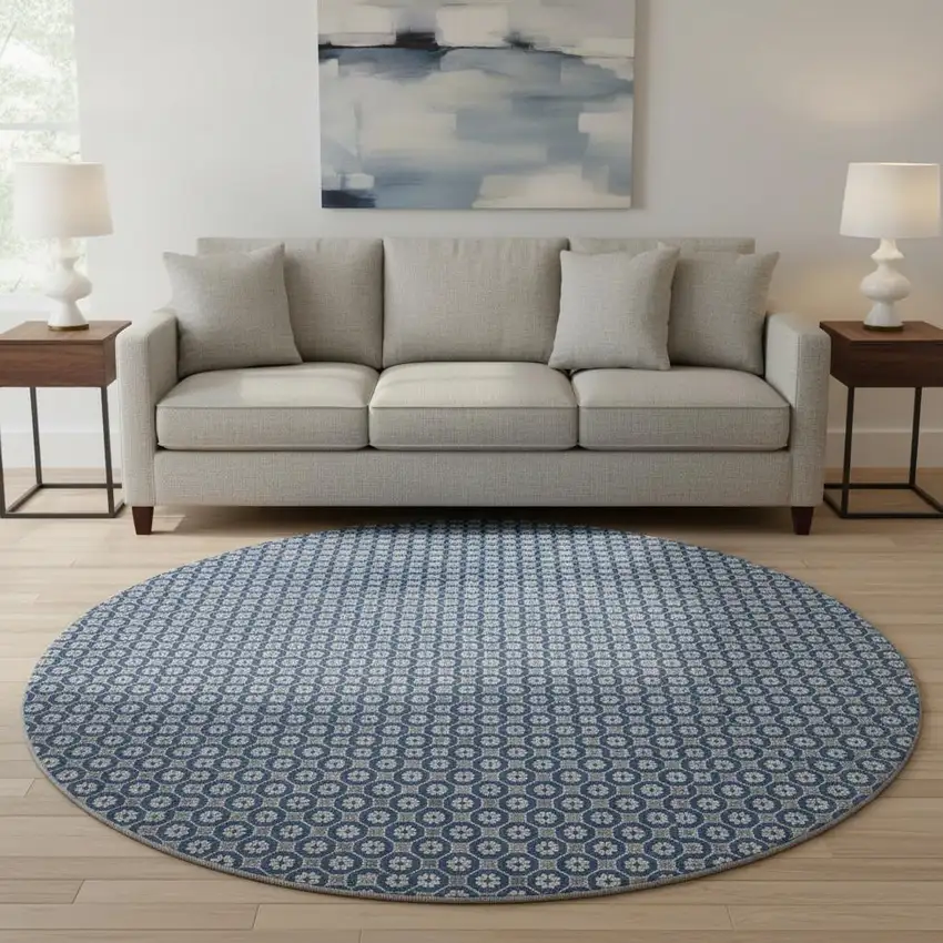 8' X 8' Navy Blue Gray And Silver Geometric Washable Round Rug With UV Protection Photo 2