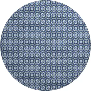 Photo of 8' X 8' Navy Blue Gray And Silver Geometric Washable Round Rug With UV Protection