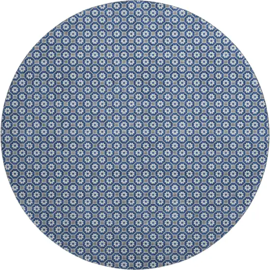 8' X 8' Navy Blue Gray And Silver Geometric Washable Round Rug With UV Protection Photo 1