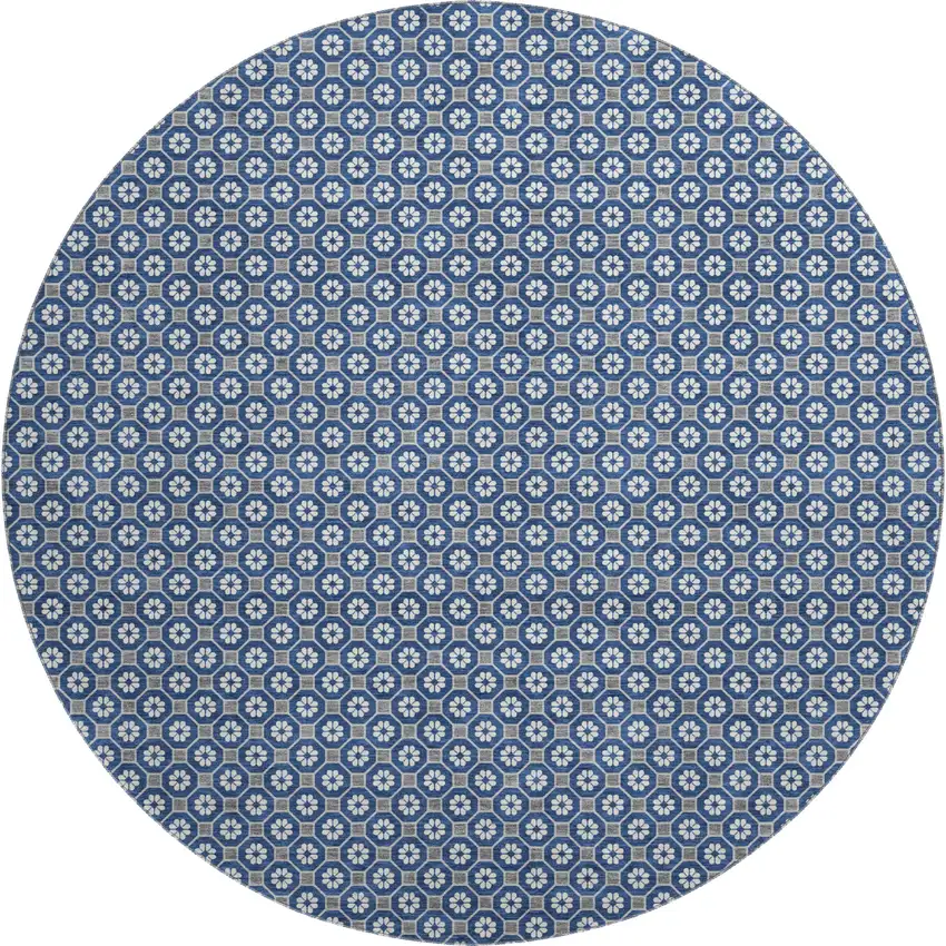 8' X 8' Navy Blue Gray And Silver Geometric Washable Round Rug With UV Protection Photo 1