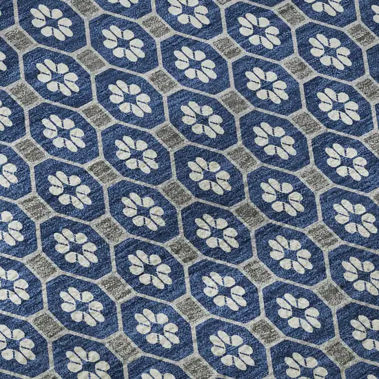 8' X 8' Navy Blue Gray And Silver Geometric Washable Round Rug With UV Protection Photo 8