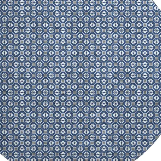 8' X 8' Navy Blue Gray And Silver Geometric Washable Round Rug With UV Protection Photo 2