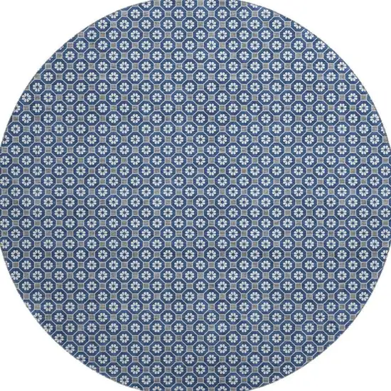 8' X 8' Navy Blue Gray And Silver Geometric Washable Round Rug With UV Protection Photo 3