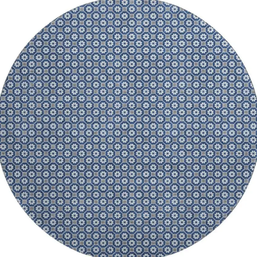 8' X 8' Navy Blue Gray And Silver Geometric Washable Round Rug With UV Protection Photo 3