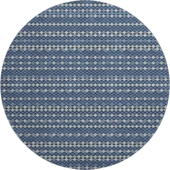 8' X 8' Navy Blue Gray And Silver Striped Washable Round Rug With UV Protection Photo 1