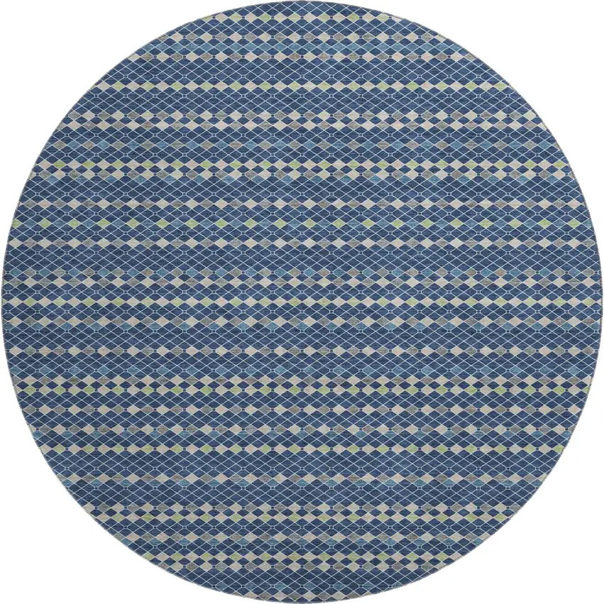8' X 8' Navy Blue Gray And Silver Striped Washable Round Rug With UV Protection Photo 1